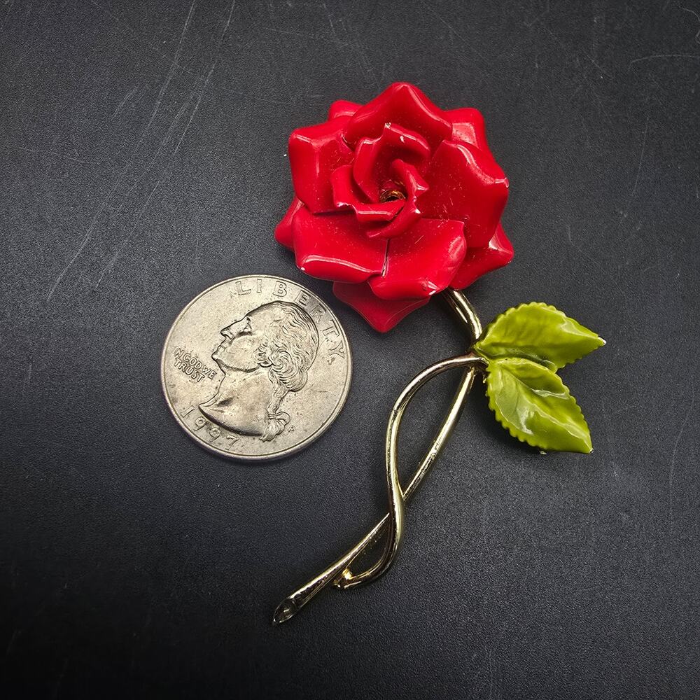 Red Rose Brooch Gold Tone Enamel Leaves Vintage Costume Jewelry - Picture 5 of 5